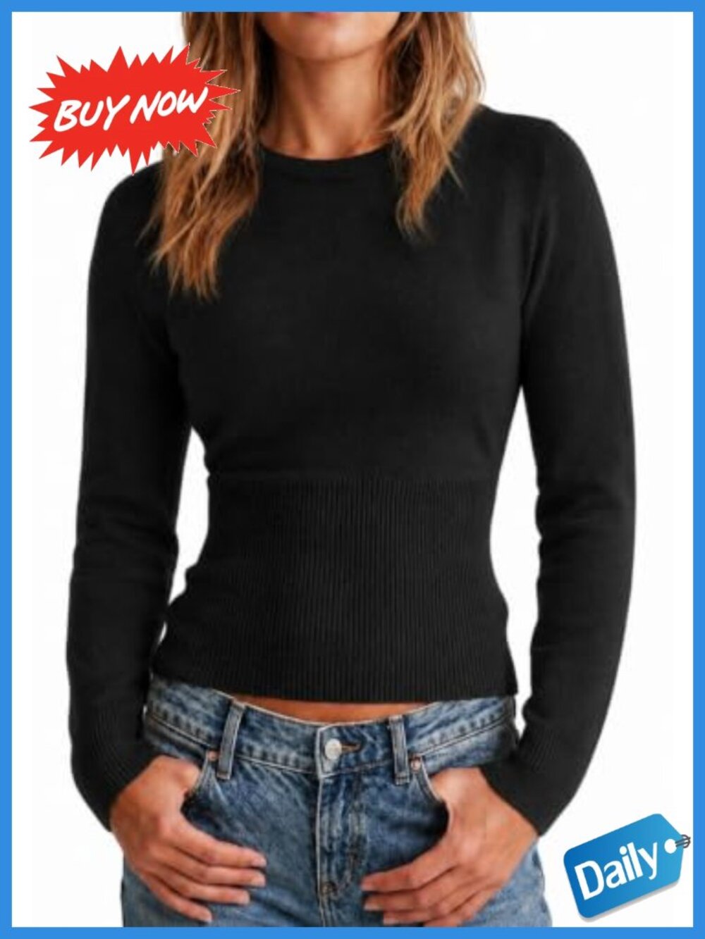 Womens Long Sleeve Knit Sweater Pullover Ribbed Waist Fitted Top